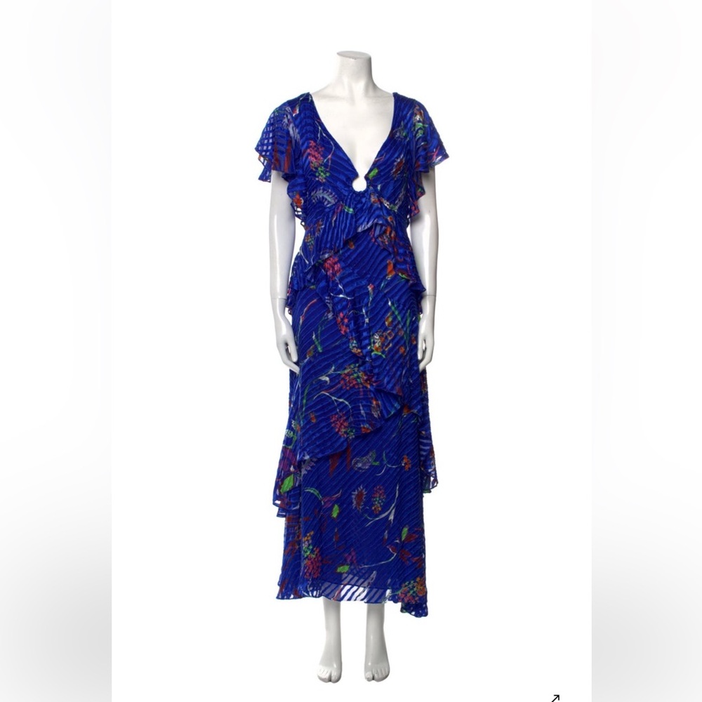 Tanya Taylor Royal Blue Floral Maxi Dress with Ruffles